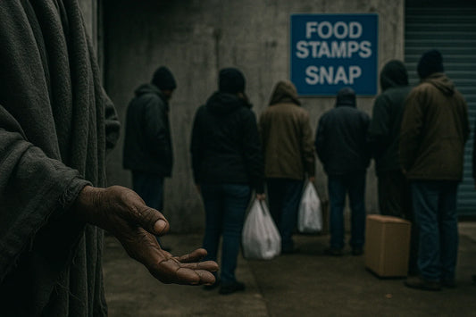 A person's hands is open as if they are begging while people gather in the background in front of a Foo Stamps sign