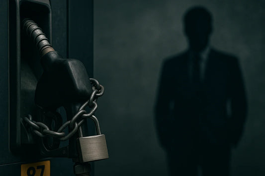 A gas tank chained and locked with an shadow of a man in the background looking on.